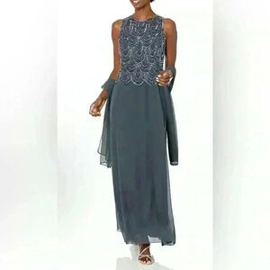 J Kara Womens Art Deco Beaded Sleeveless Maxi Dress Grey NWT Size 10